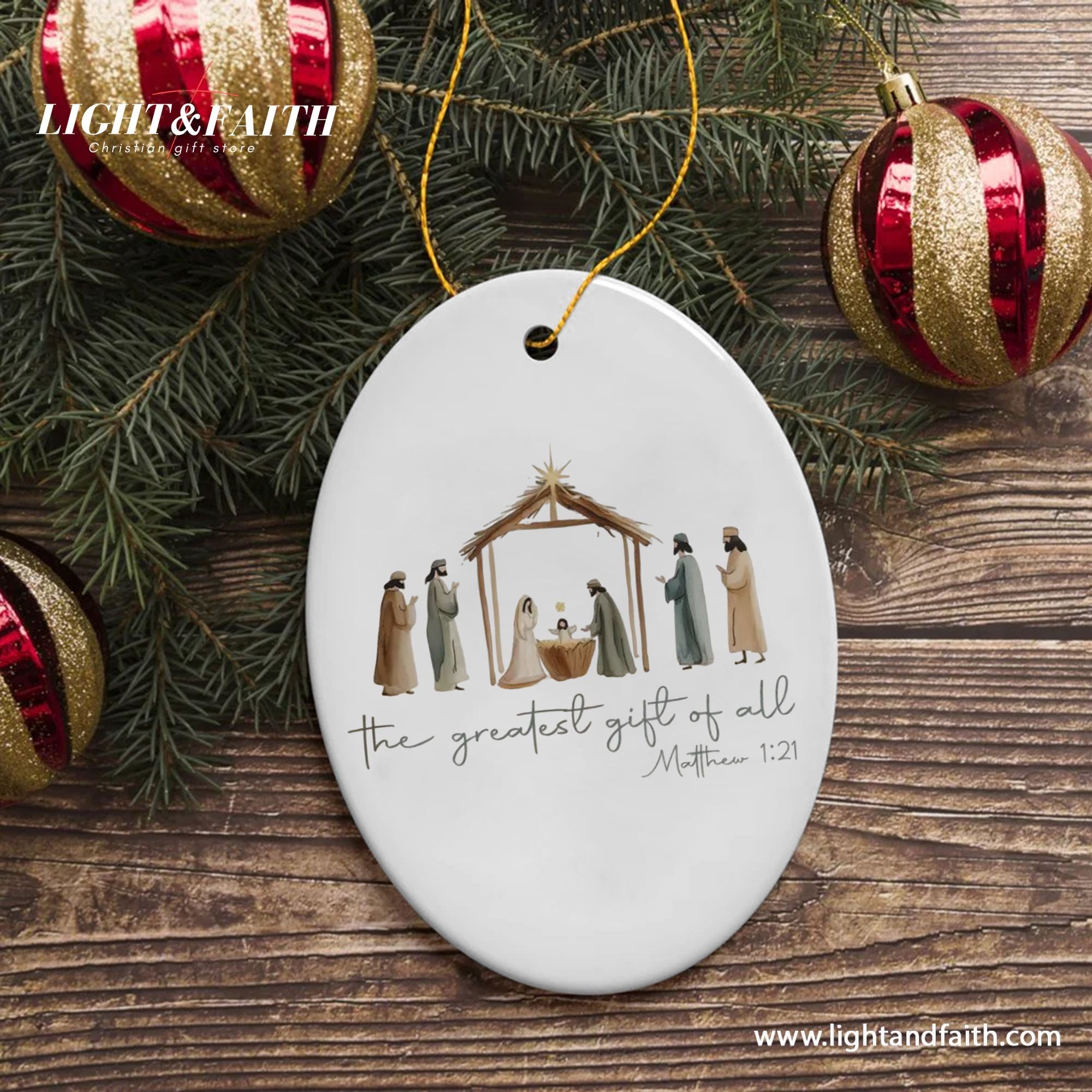 Nativity Scene Christmas Ornament, Christian Holiday Decoration, Greatest Gift of All Matthew 1:21, Religious Xmas Tree Decor DCLAF28